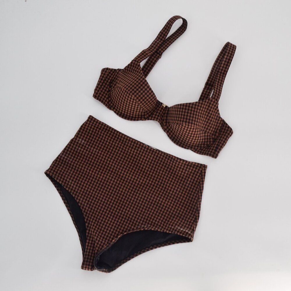 Pale Swimwear Cleo Two Piece Bikini Bottom Gingham Check Cocoa Brown Women's S